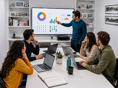 Actividad presencial de capacitación y presentación con participantes trabajando en equipo
