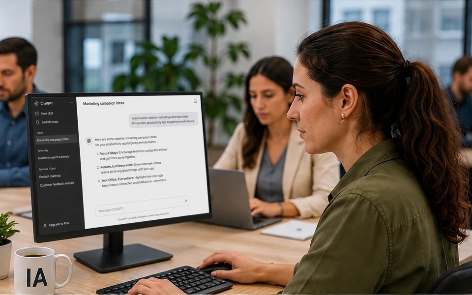 Profesional trabajando con ChatGPT en una computadora en un entorno de oficina