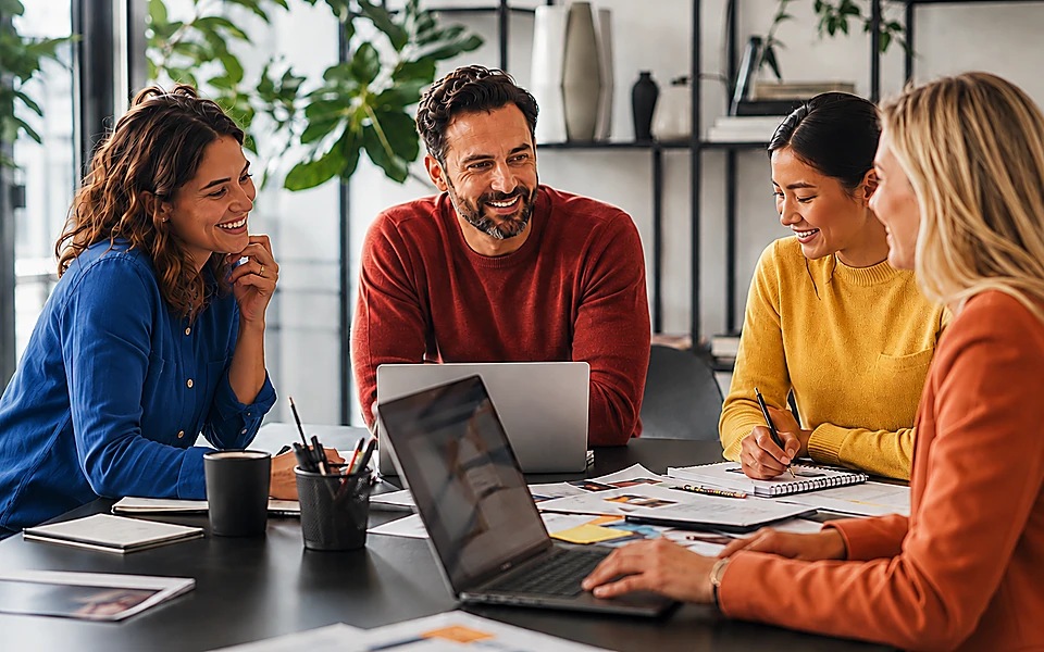Equipo de profesionales trabajando de forma colaborativa con computadoras