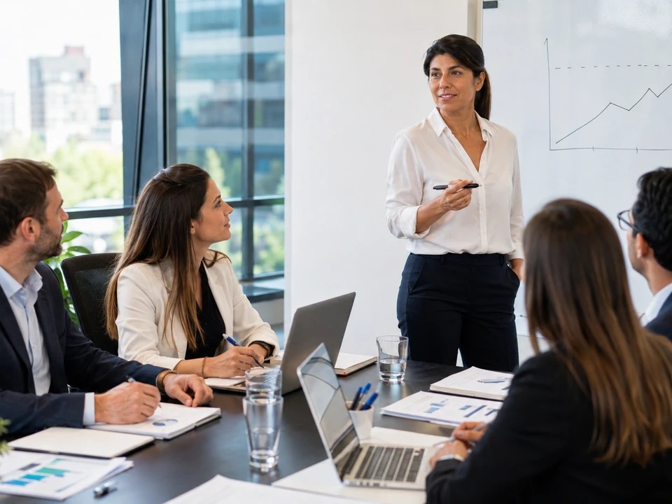 Capacitación corporativa presencial con una instructora presentando contenidos a un equipo de trabajo