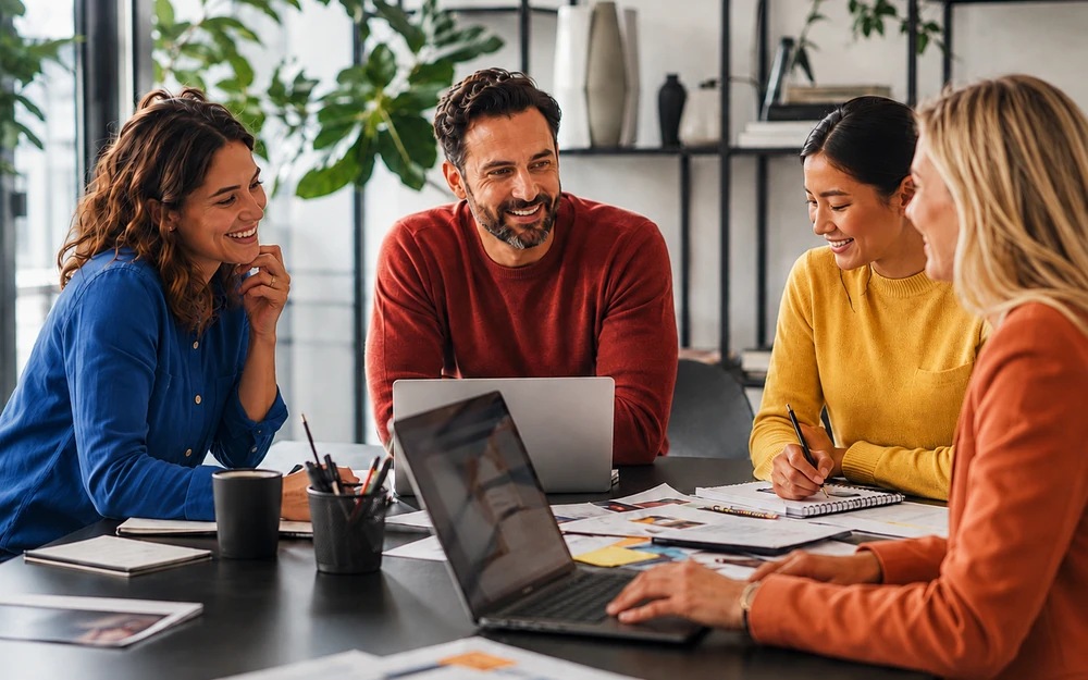 Equipo trabajando de manera colaborativa con computadoras y documentos en un entorno de oficina