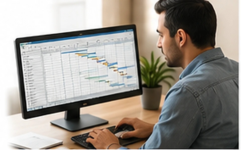Profesional trabajando con una planificación de proyecto en diagrama de Gantt