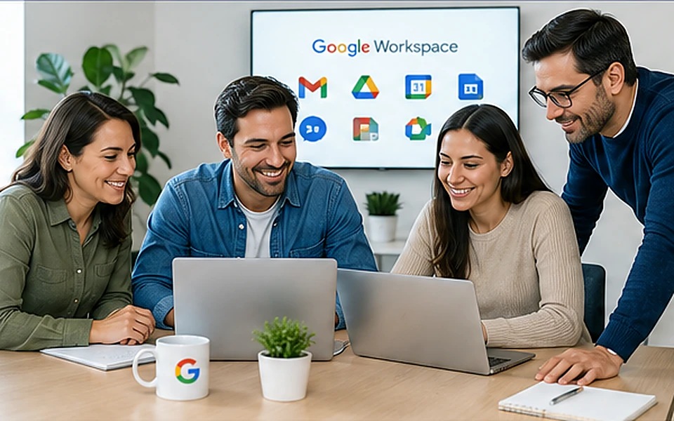 Profesionales colaborando con herramientas digitales en una oficina