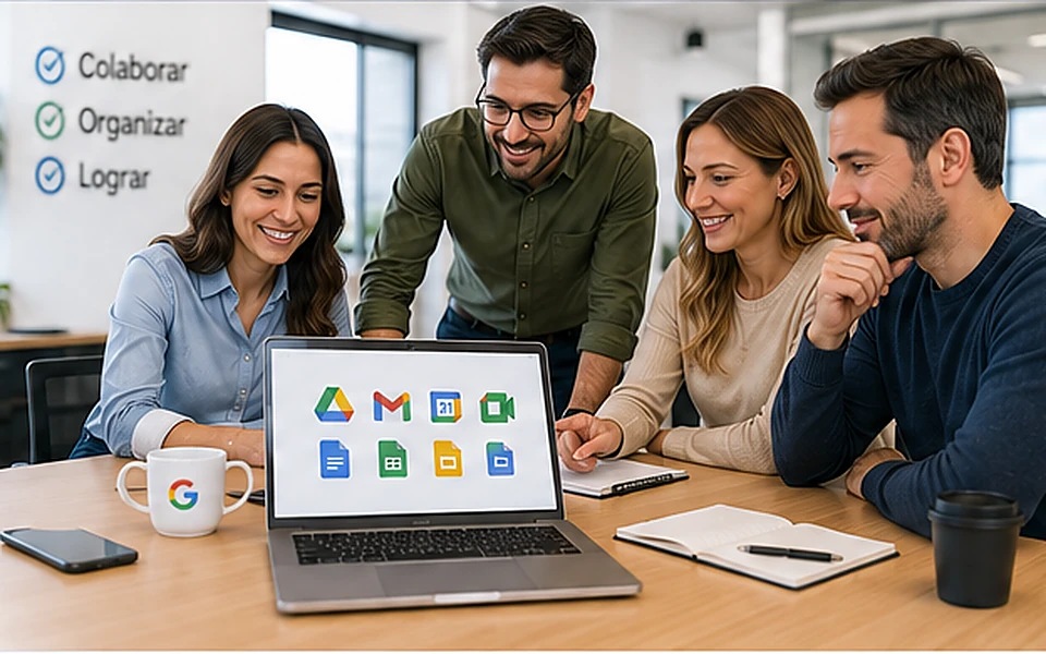 Profesionales colaborando con herramientas digitales en una oficina