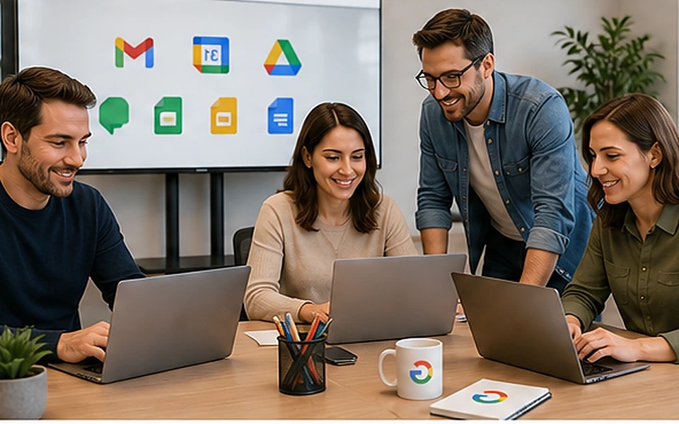 Profesionales colaborando con herramientas digitales en una oficina
