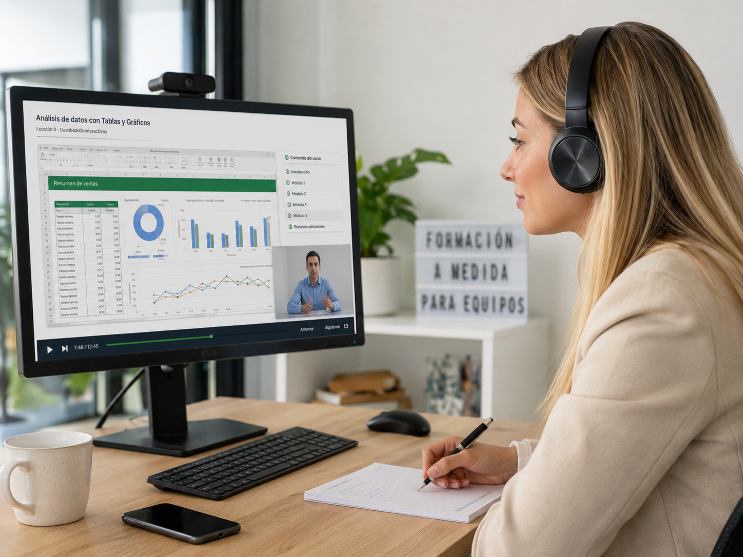 Profesional siguiendo un curso en video con auriculares y contenidos de formación en pantalla